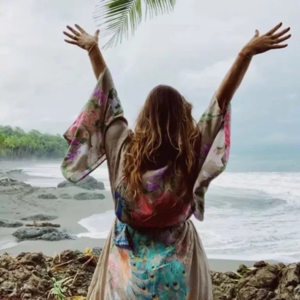 SOLD OUT Gypsy Bohemian Tan Floral Peacock Open Kimono Robe - Picture 4 of 12